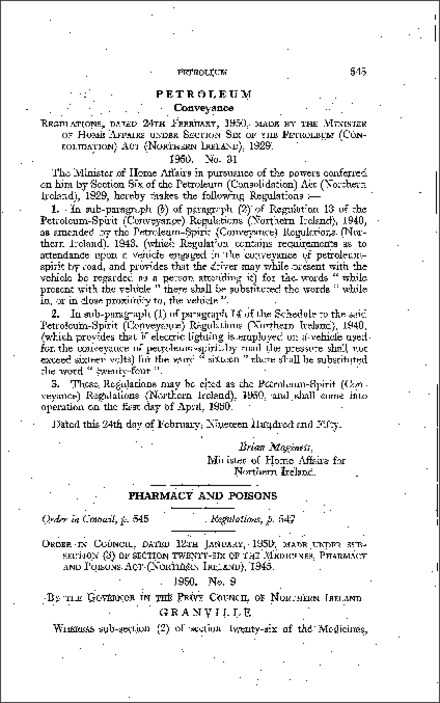 The Pharmacy and Poisons - Order in Council Amendment the Third Schedule of the Pharmacy and Poisons Act (Northern Ireland) 1950