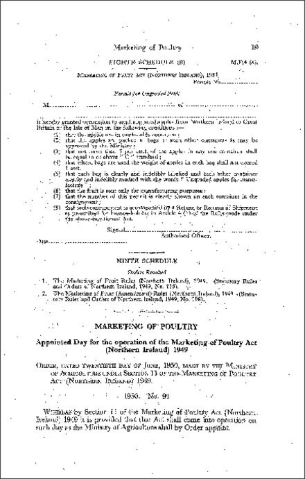 The Marketing of Poultry Act (N.I) 1949: Appointed Day Order (Northern Ireland) 1950