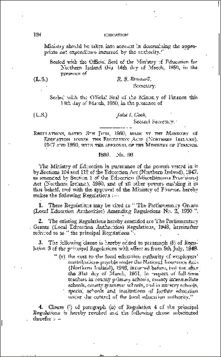 The Parliamentary Grants (Local Education Authorities) Amendment Regulations (Northern Ireland) 1950