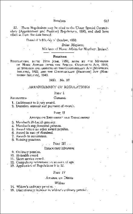 The Ulster Special Constabulary Pensions Regulations (Northern Ireland) 1950