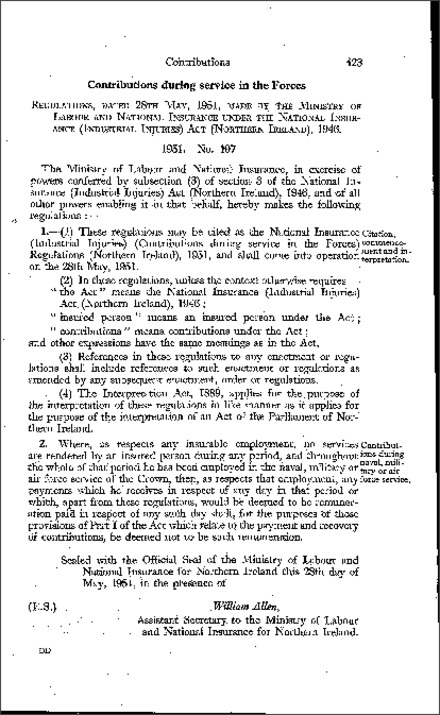 The National Insurance (Industrial Injuries) (Contributions during service in the Forces) Regulations (Northern Ireland) 1951