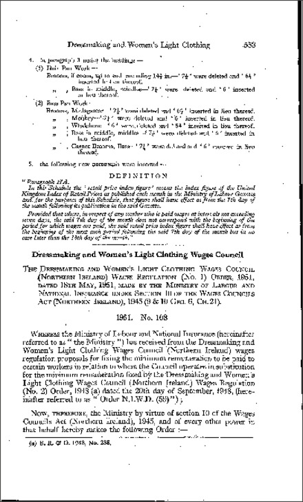 The Dressmaking and Women's Light Clothing Wages Council (Northern Ireland) Wages Regulations Order (Northern Ireland) 1951