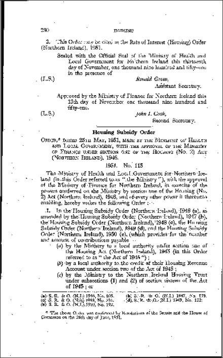 The Housing Subsidy Order (Northern Ireland) 1951