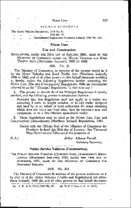 The Motor Cars (Use and Construction) (Amendment) Regulations (Northern Ireland) 1951