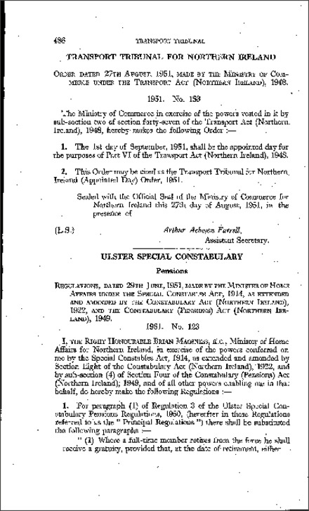 The Ulster Special Constabulary Pensions (Amendment) Regulations (Northern Ireland) 1951