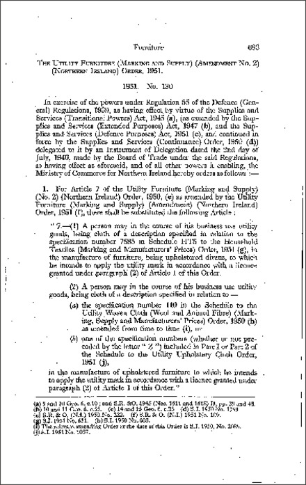 The Utility Furniture (Marking and Supply) (Amendment No. 2) Order (Northern Ireland) 1951