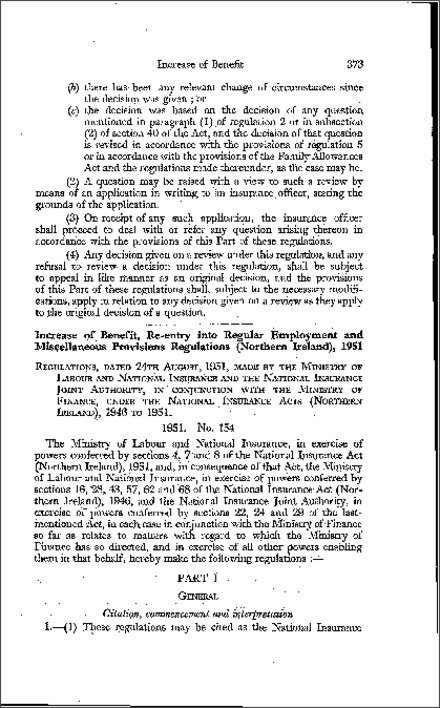 The National Insurance (Increase of Benefit, Re-entry into Regular Employment and Miscellaneous Provisions) Regulations (Northern Ireland) 1951