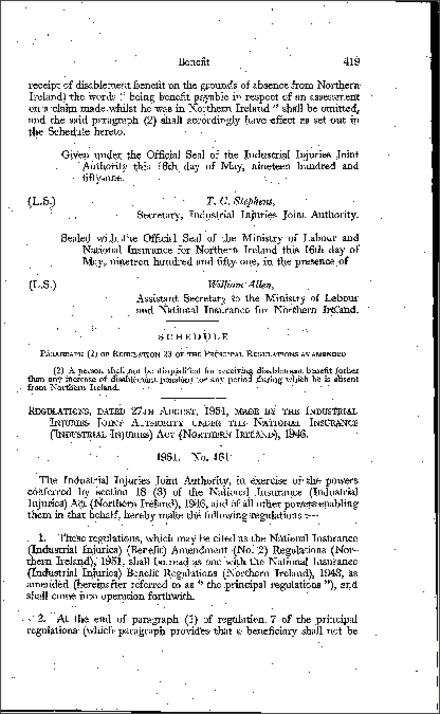 The National Insurance (Industrial Injuries) (Benefit) Amendment (No. 2) Regulations (Northern Ireland) 1951