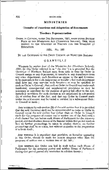 The Ministries (Transfer of Functions) (Teachers Superannuation) Order (Northern Ireland) 1951