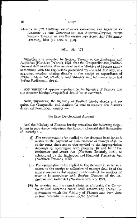 The Audit: Examination of Accounts: Erne Development Account: Minute (Northern Ireland) 1951