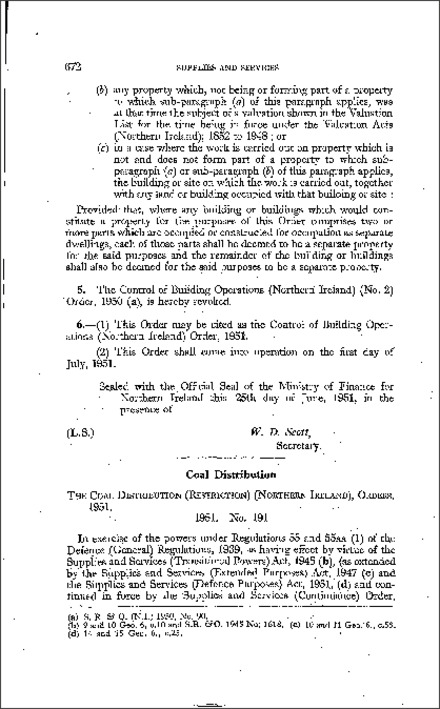 The Coal Distrubution (Restriction) (Northern Ireland) Order (Northern Ireland) 1951