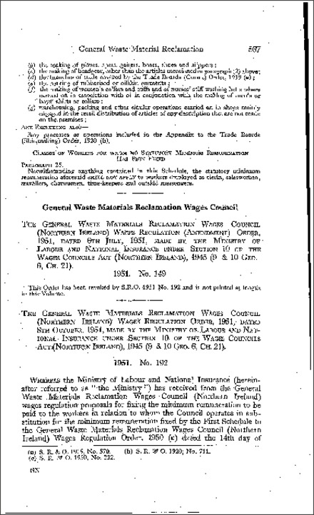 The General Waste Materials Reclamation Wages Council (Northern Ireland) Wages Regulations Order (Northern Ireland) 1951