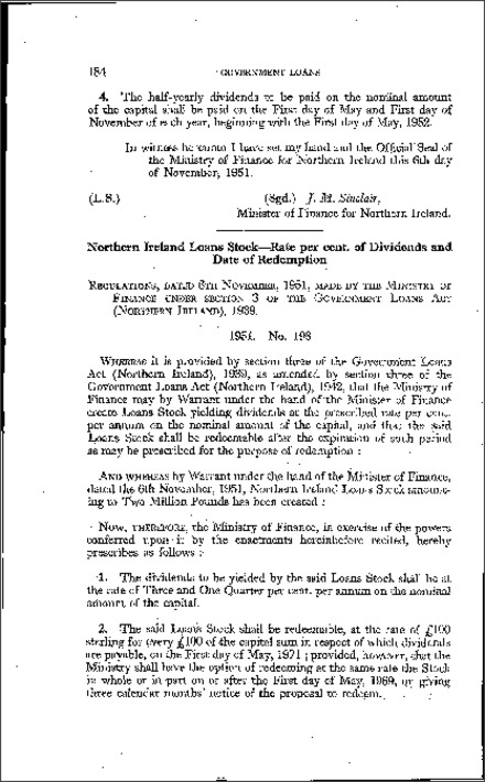 The Government Loans - Northern Ireland Loans Stock (Rate of Dividend and Redemption) (No. 2) Regulations (Northern Ireland) 1951