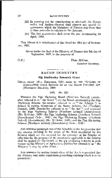 The Bacon Industry (Pig Husbandry Research Grant) Order (Northern Ireland) 1951