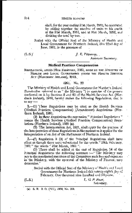 The Health Services (Medical Practices Compensation) (Amendment) Regulations (Northern Ireland) 1951