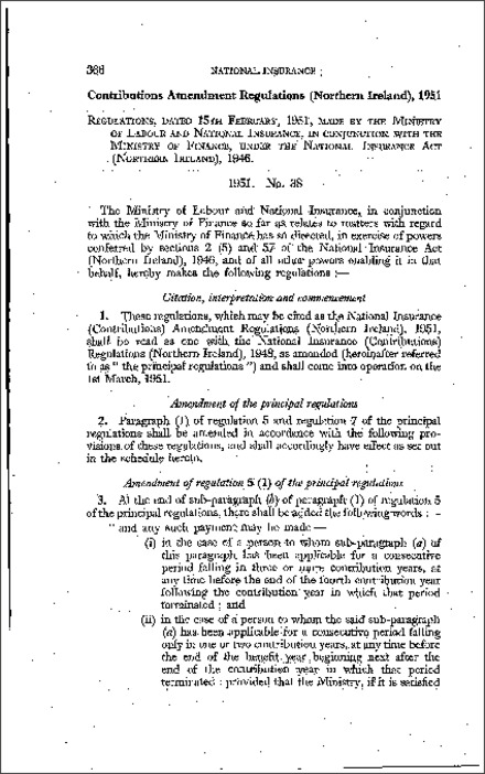 The National Insurance (Contributions) Amendment Regulations (Northern Ireland) 1951