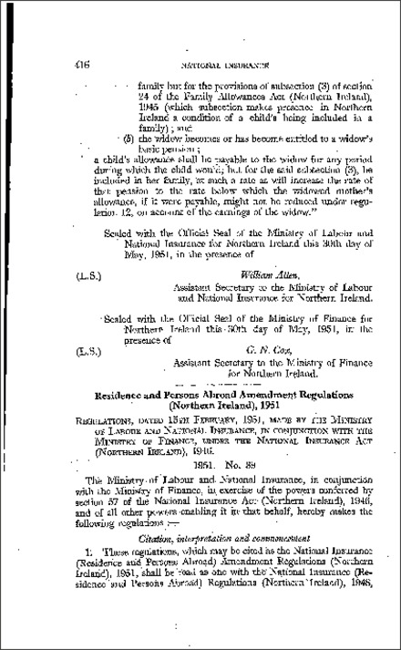 The National Insurance (Residence and Persons Abroad) Amendment Regulations (Northern Ireland) 1951