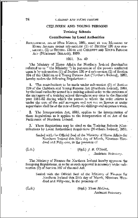 The Training Schools (Contributions by Local Authorities) Regulations (Northern Ireland) 1951