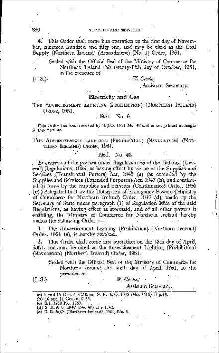 The Advertisement Lighting (Prohibition) (Revocation) Order (Northern Ireland) 1951