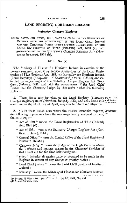 The Land Registry (Statutory Charges Register) Rules (Northern Ireland) 1951