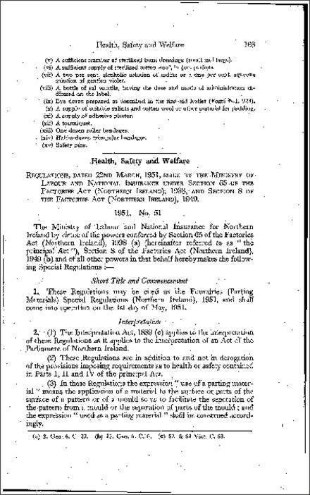 The Foundries (Parting Materials) Special Regulations (Northern Ireland) 1951