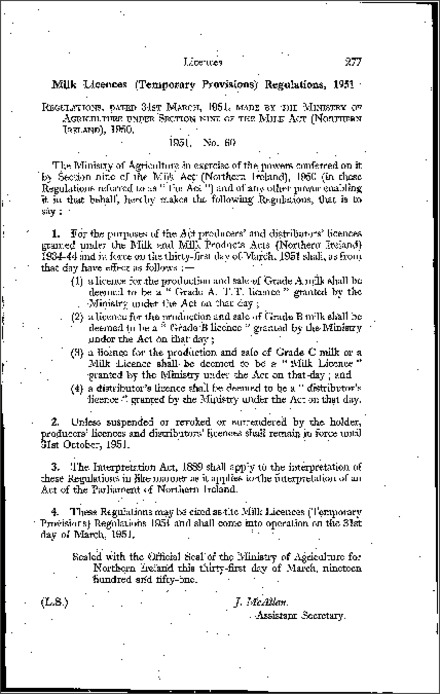 The Milk Licences (Temporary Provisions) Regulations (Northern Ireland) 1951