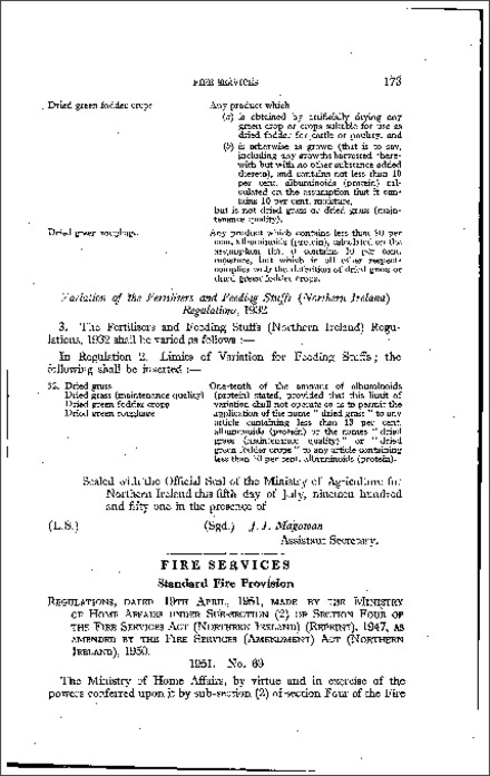 The Fire Services (Standard Fire Provision) Regulations (Northern Ireland) 1951