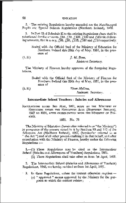 The Intermediate School (Salaries and Allowances of Teachers) Regulations (Northern Ireland) 1951