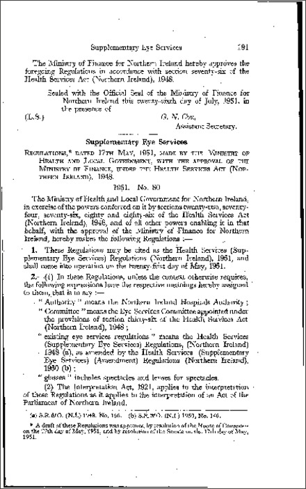 The Health Services (Supplementary Eye Services) Regulations (Northern Ireland) 1951