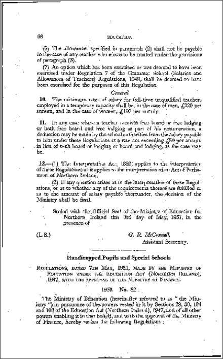 The Handicapped Pupils and Special Schools (Amendment) Regulations (Northern Ireland) 1951