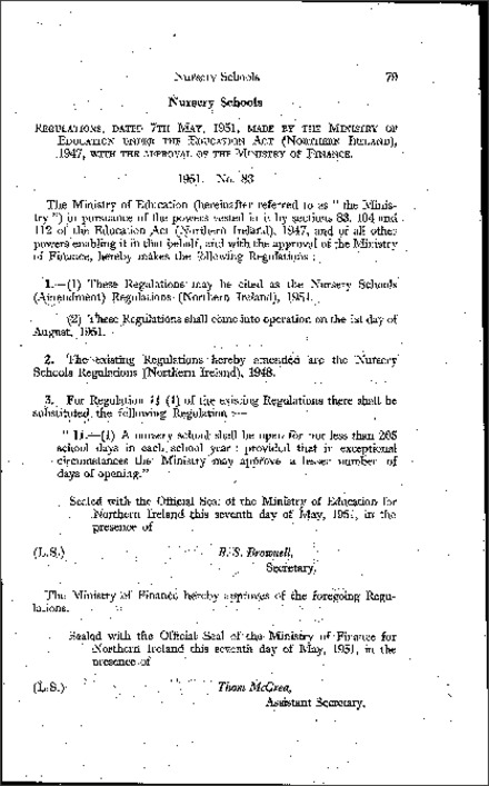 The Nursery Schools (Amendment) Regulations (Northern Ireland) 1951