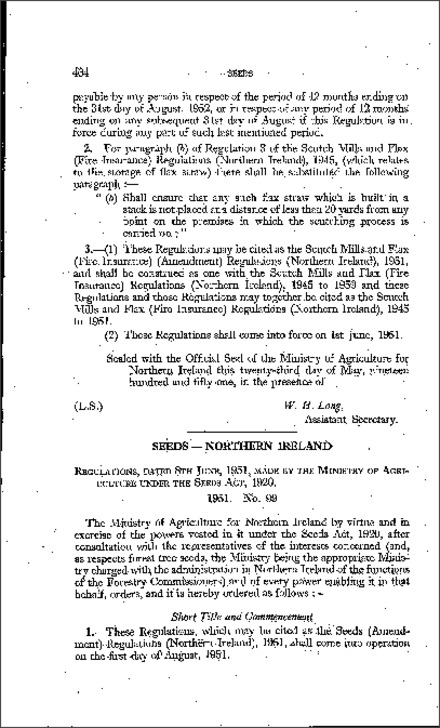 The Seeds (Amendment) Regulations (Northern Ireland) 1951