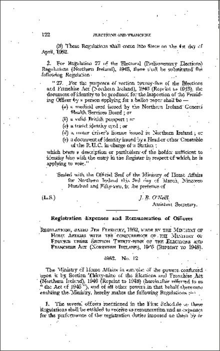 The Electoral (Registration Expenses) Regulations (Northern Ireland) 1952