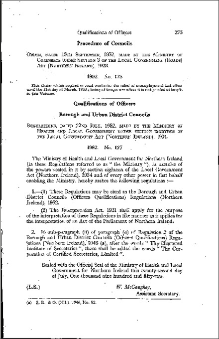 The Borough and Urban District Councils (Officers Qualifications) Regulations (Northern Ireland) 1952
