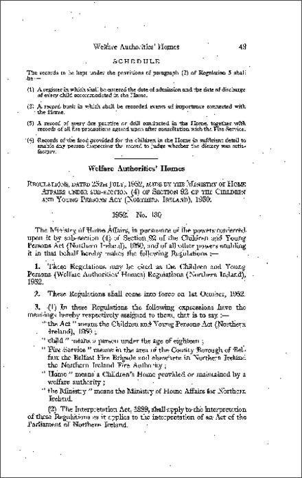 The Children and Young Persons (Welfare Authorities' Homes) Regulations (Northern Ireland) 1952