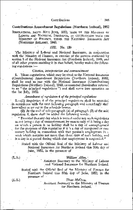 The National Insurance (Contributions) Amendment Regulations (Northern Ireland) 1952
