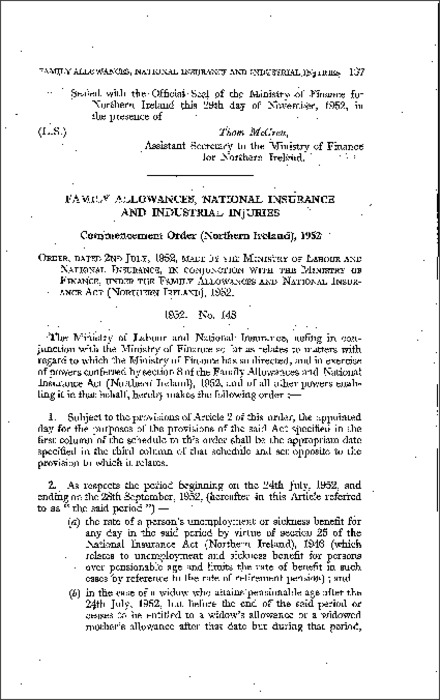 The Family Allowances, National Insurance and Industrial Injuries (Commencement) Order (Northern Ireland) 1952