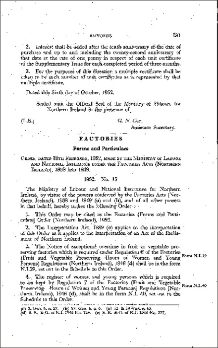 The Factories (Forms and Particulars) Order (Northern Ireland) 1952