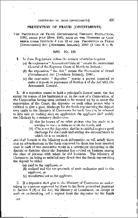 The Prevention of Fraud (Investment) Deposits Regulations (Northern Ireland) 1952