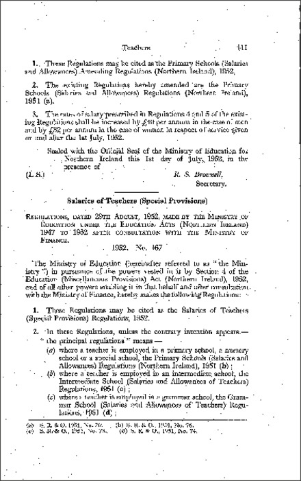 The Salaries of Teachers (Special Provisions) Regulations (Northern Ireland) 1952