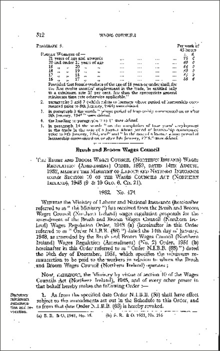 The Brush and Broom Wages Council (N.I) Wages Regulations (Amendment) Order (Northern Ireland) 1952