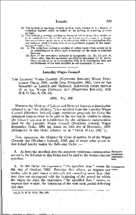 The Laundry Wages Council (Northern Ireland) Wages Regulations Order (Northern Ireland) 1952