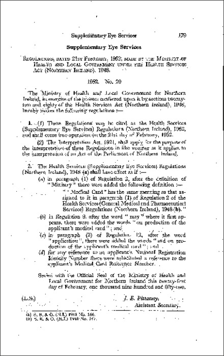 The Health Services (Supplementary Eye Services) Regulations (Northern Ireland) 1952