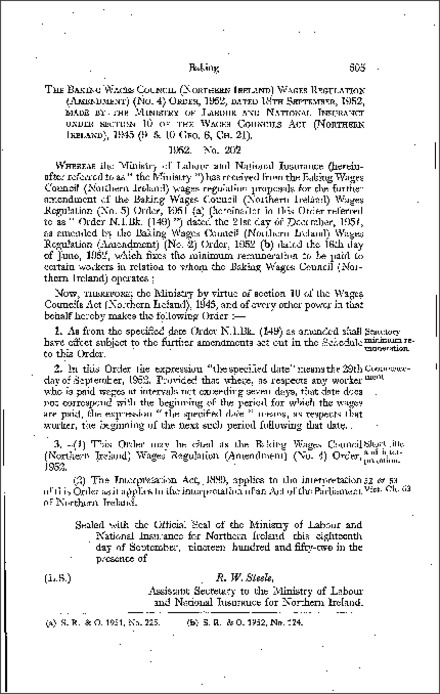 The Baking Wages Council (Northern Ireland) Wages Regulations (Amendment) (No. 4) Order (Northern Ireland) 1952