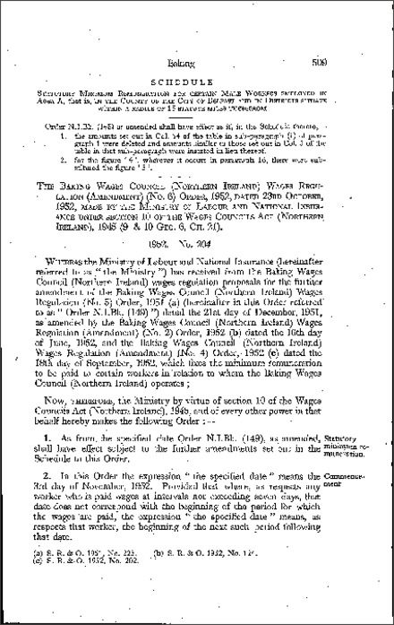 The Baking Wages Council (Northern Ireland) Wages Regulations (Amendment) (No. 6) Order (Northern Ireland) 1952