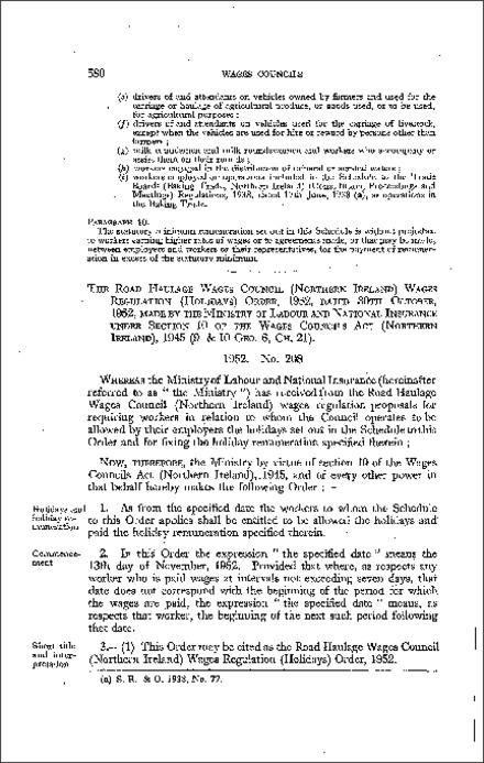 The Road Haulage Wages Council (Northern Ireland) Wages Regulations (Holidays) Order (Northern Ireland) 1952