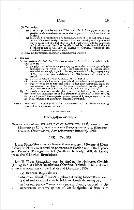 The Hydrogen Cyanide (Fumigation of Ships) Regulations (Northern Ireland) 1952