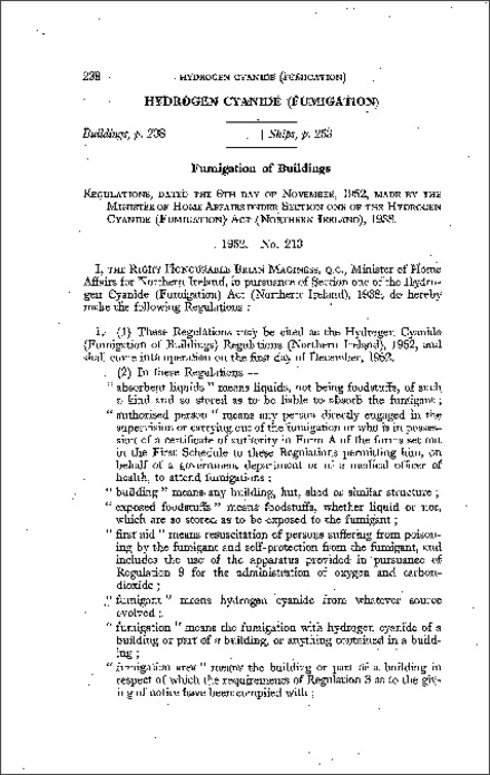 The Hydrogen Cyanide (Fumigation of Buildings) Regulations (Northern Ireland) 1952