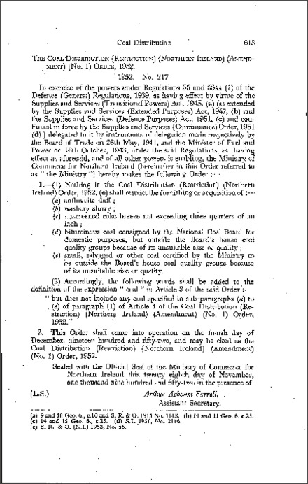 The Coal Distribution (Restriction) (Amendment) (No. 1) Order (Northern Ireland) 1952