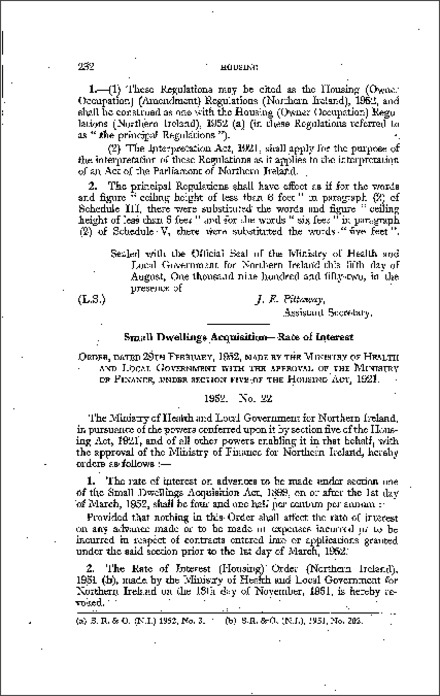 The Rate of Interest (Housing) Order (Northern Ireland) 1952
